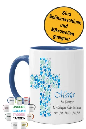 Kommunion Tasse Kreuz aus Tauben Blau/Grün – Personalisierte Kaffeetasse