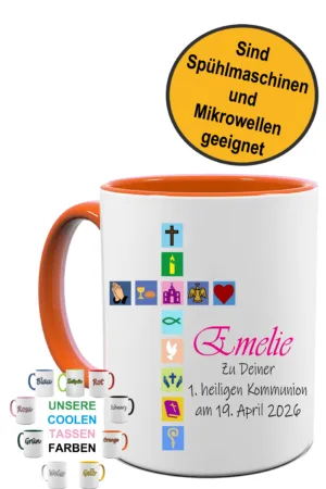 Kommunion Tasse personalisiert mit Namen und Datum Kirchen Symbole