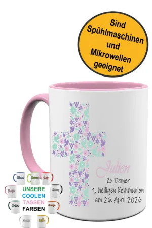 Kommunion Tasse personalisiert mit Namen und Datum Tauben Rosa