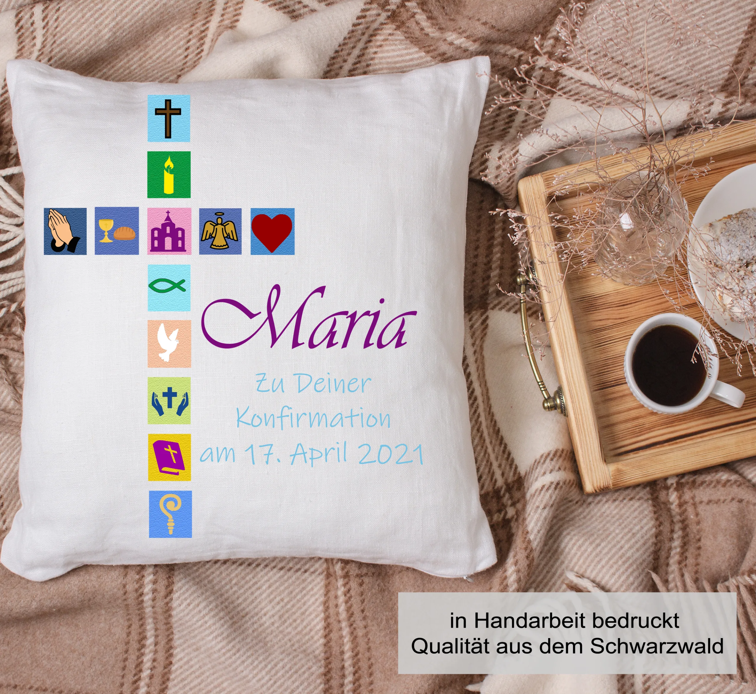 Personalisiertes Konfirmation Kissen Kirchen Symbole mit Namen und Datum – Bild 2