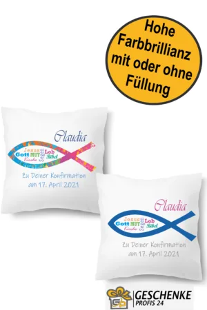 Personalisiertes Konfirmation Kissen Symbol Fisch mit Namen und Datum