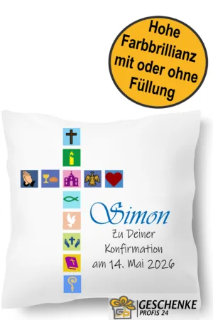 Personalisiertes Konfirmation Kissen Kirchen Symbole mit Namen und Datum