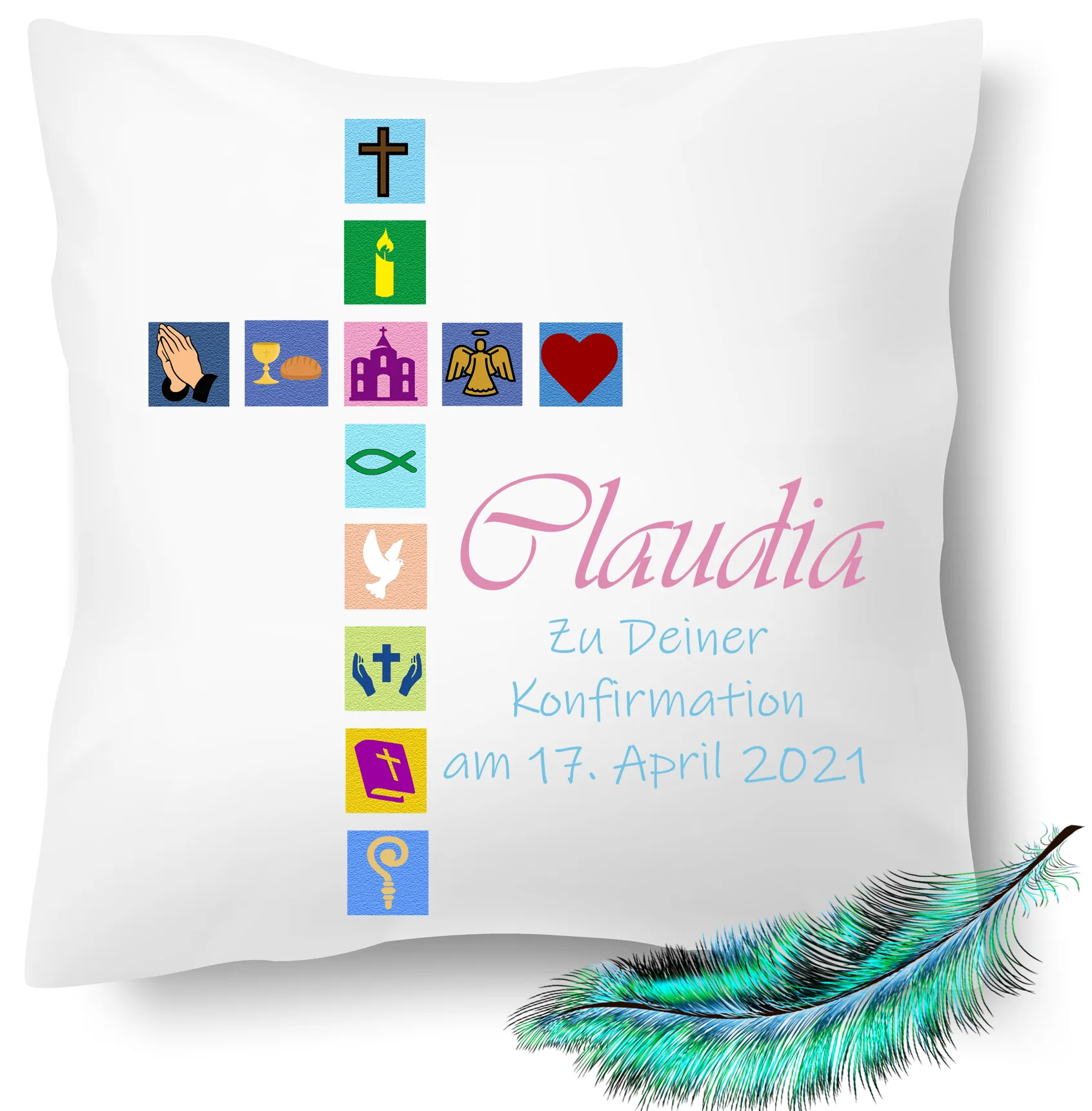 Personalisiertes Konfirmation Kissen Kirchen Symbole mit Namen und Datum – Bild 3