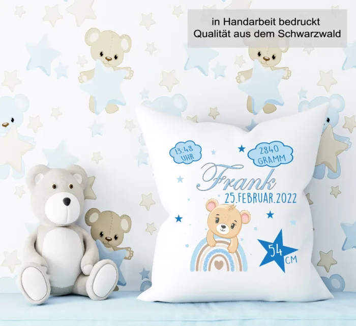 Personalisiertes Kissen zur Geburt für Jungen Teddy Bär blau – Bild 3