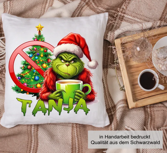 Grinch Kissen personalisiert mit Namen - Lustig bedruckte Kissenhülle – Bild 4