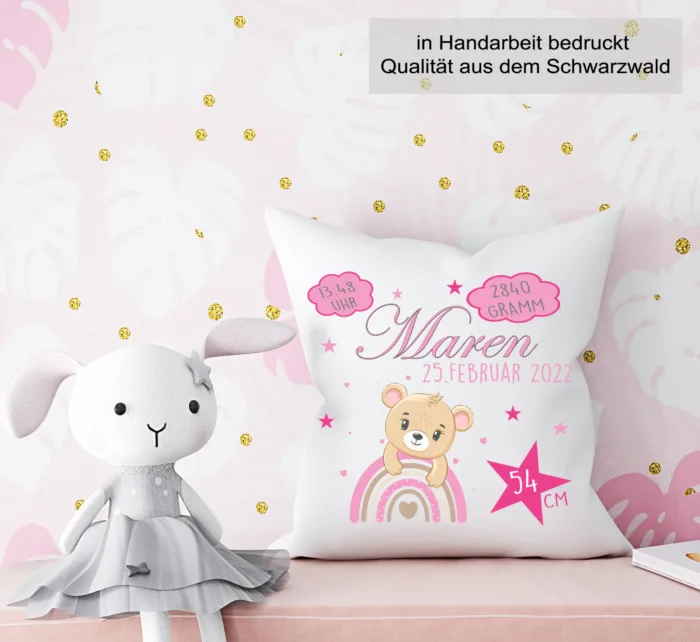 Personalisiertes Kissen zur Geburt für Mädchen Teddybär rosa – Bild 2