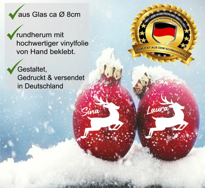 Rentier Christbaumkugel Personalisiert mit Namen aus Glas Ø: 8cm – Bild 2