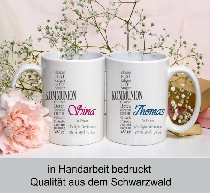 Personalisierte Kommunion Tasse mit Kreuz aus Wörtern Anthrazit – Bild 3