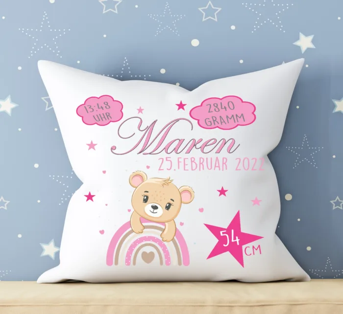 Personalisiertes Kissen zur Geburt für Mädchen Teddybär rosa – Bild 3