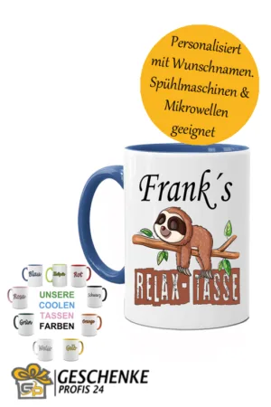 Relax Tasse mit Faultier personalisiert mit Namen – Lustig bedruckte Kaffeetasse