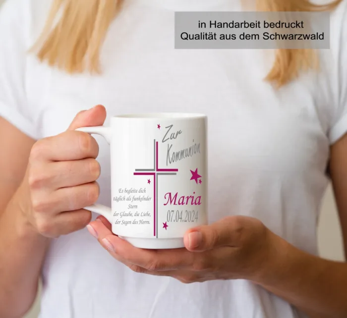 Personalisierte Kommunion Tasse Kreuz mit Spruch mit Namen und Datum – Bild 3