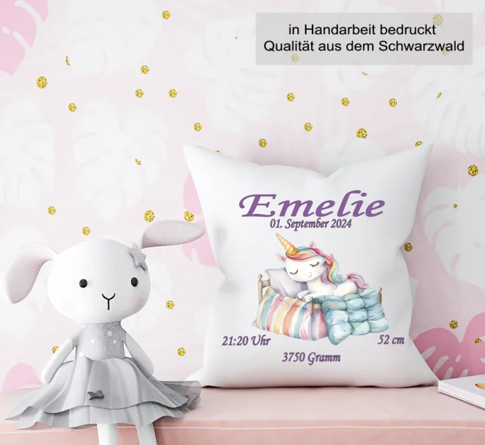 Personalisiertes Kissen zur Geburt Einhorn Bett – Bild 2