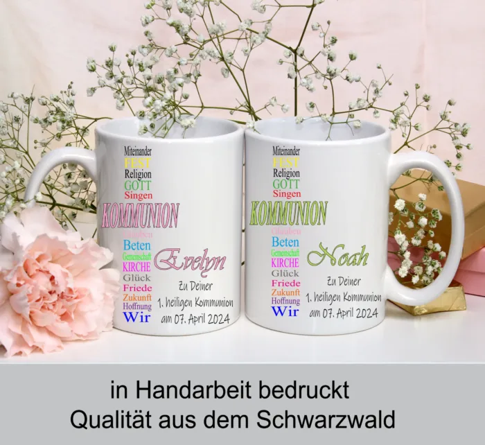 Personalisierte Kommunion Tasse mit Kreuz aus Wörtern Bunt – Bild 3