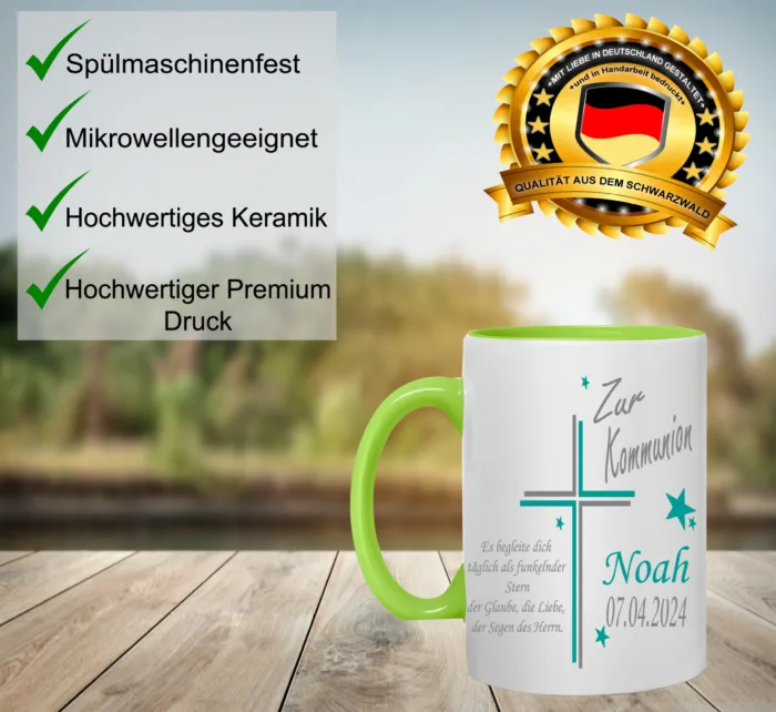 Personalisierte Kommunion Tasse Kreuz mit Spruch mit Namen und Datum – Bild 6