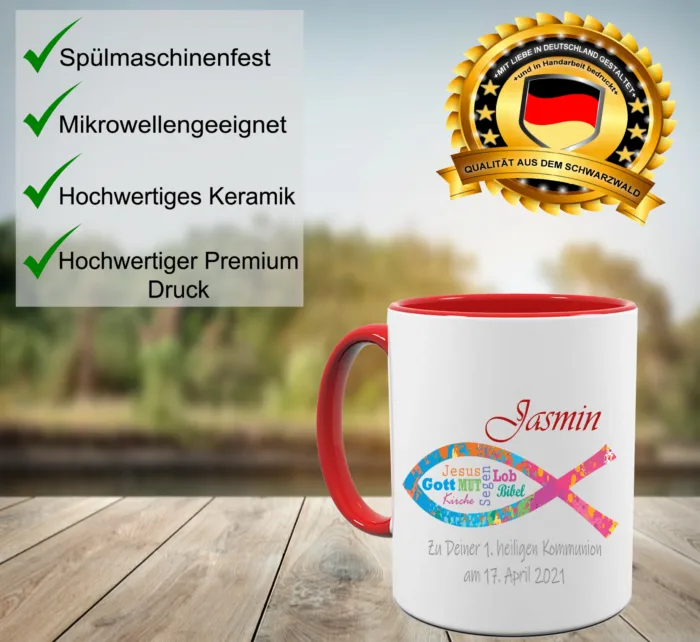 Personalisierte Kommunion Tasse Christlicher Fisch mit Namen und Datum – Bild 2