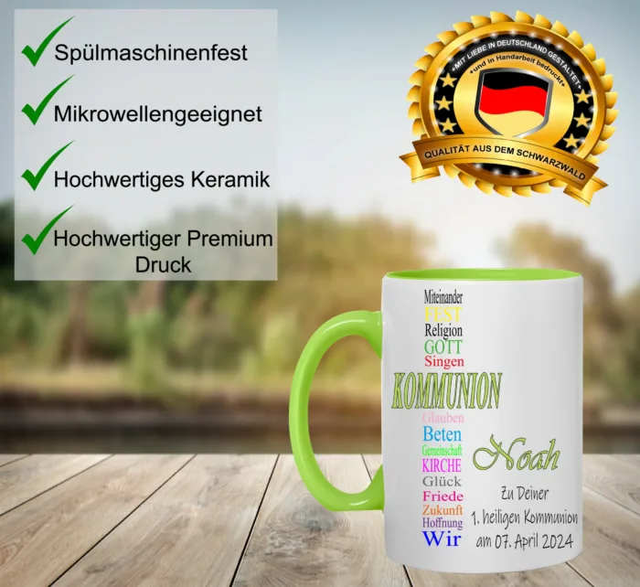 Personalisierte Kommunion Tasse mit Kreuz aus Wörtern Bunt – Bild 2