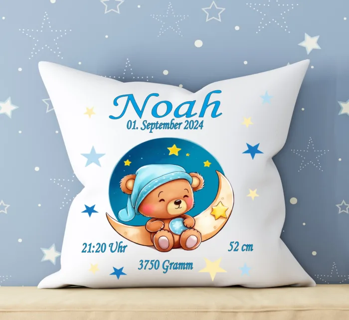 Personalisiertes Kissen zur Geburt Teddybär Mond blau – Bild 3