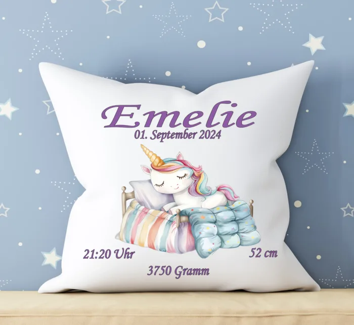 Personalisiertes Kissen zur Geburt Einhorn Bett – Bild 3