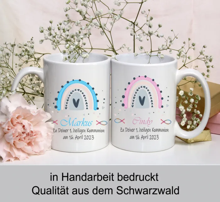 Kommunion Tasse rosa Regenbogen – Personalisierte Kaffeetasse – Bild 2