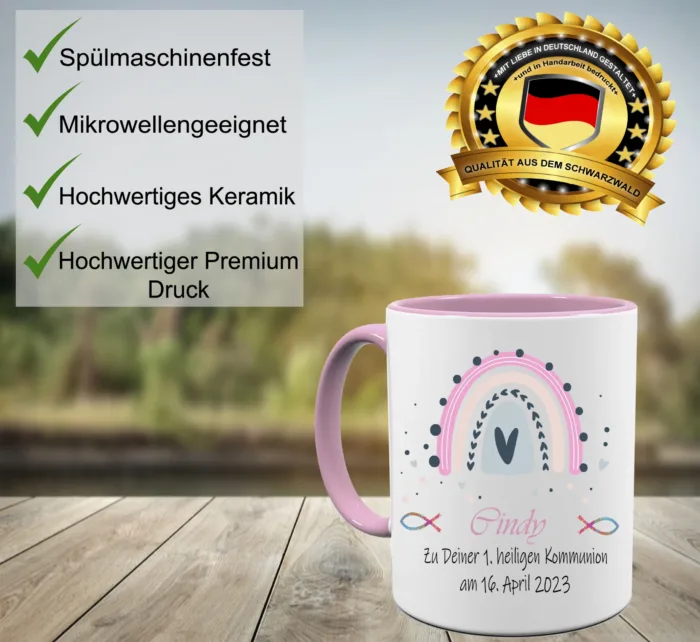 Kommunion Tasse rosa Regenbogen – Personalisierte Kaffeetasse – Bild 3