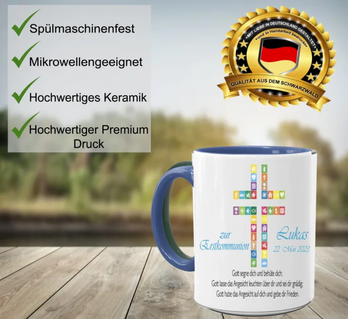 Zur Erstkommunion Symbole und Spruch – Personalisierte Tasse – Bild 2