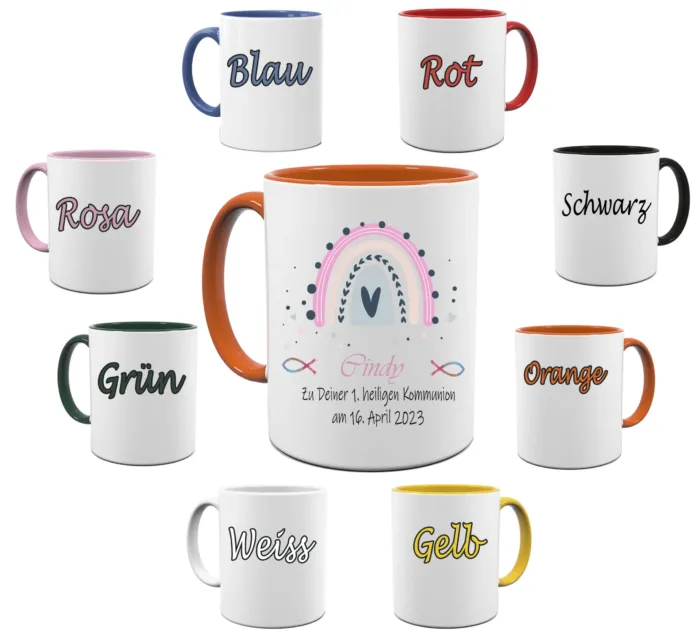 Kommunion Tasse rosa Regenbogen – Personalisierte Kaffeetasse – Bild 4