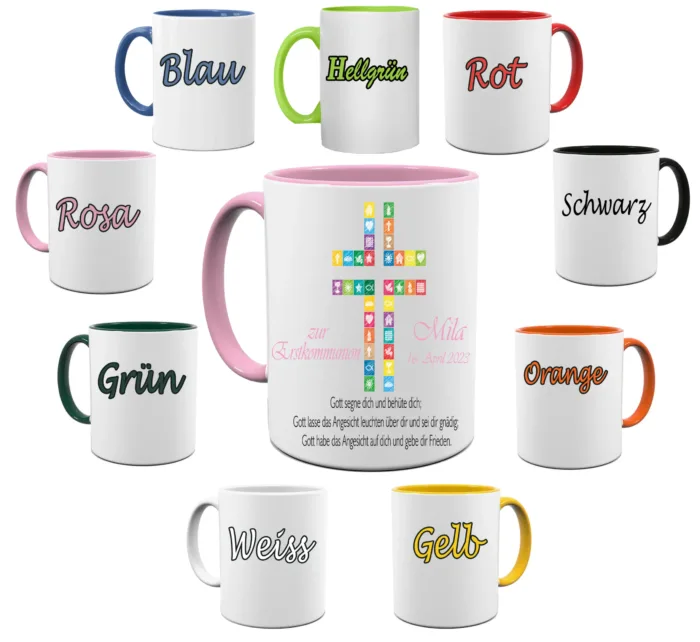 Zur Erstkommunion Symbole und Spruch – Personalisierte Tasse – Bild 4