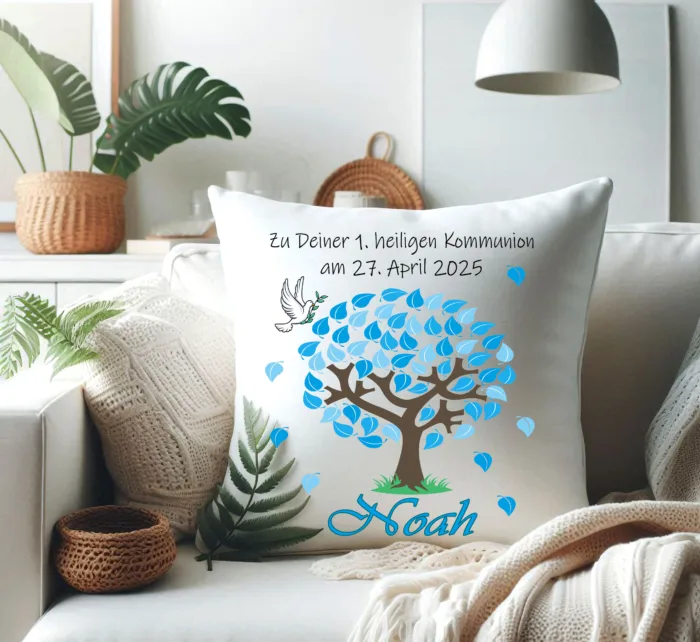 Personalisiertes Kommunion Kissen mit Namen Baum Blau – Bild 3