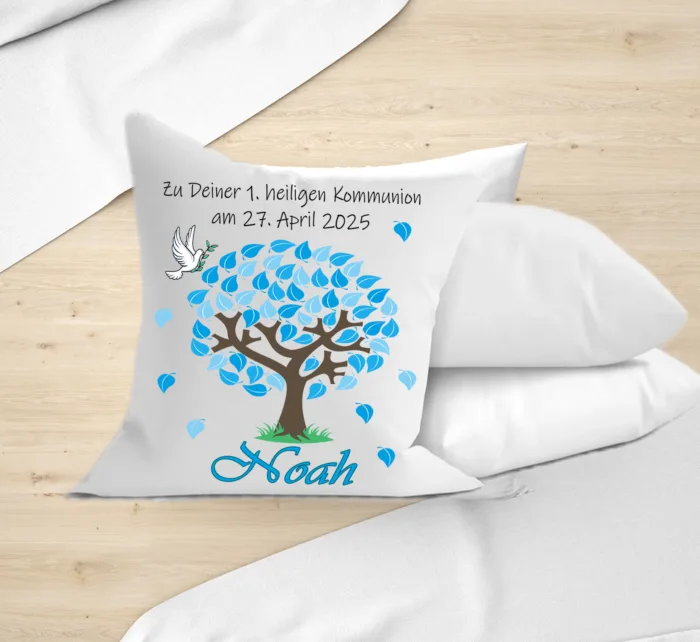 Personalisiertes Kommunion Kissen mit Namen Baum Blau – Bild 5