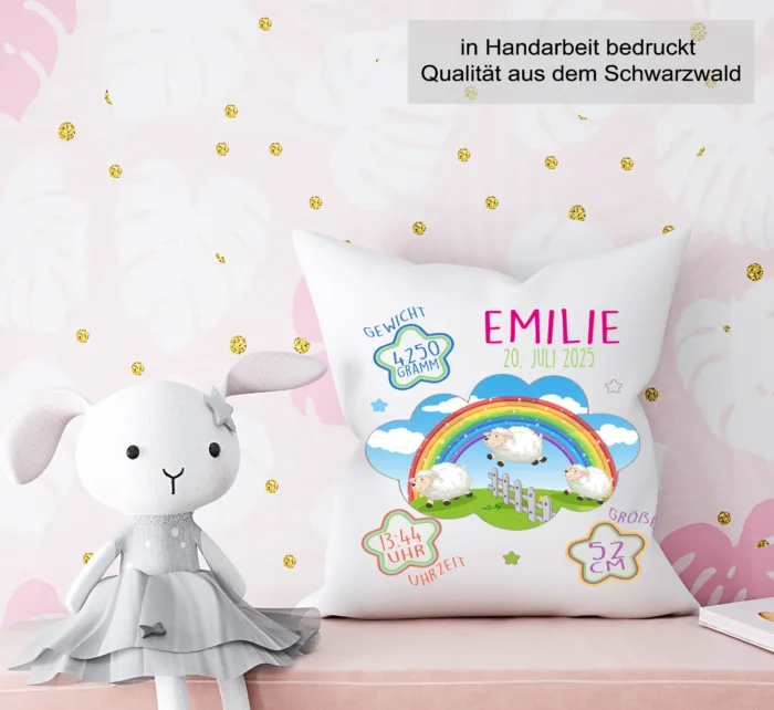 Personalisierbares Kissen zur Geburt, mit Namen und Geburtsdaten für Jungen und Mädchen mit Schafe40x40cm – Bild 4