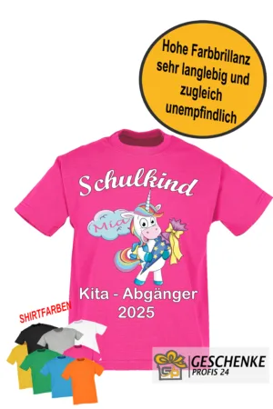 Einschulung T-Shirt, Schulkind , Kita Abgänger Einhorn- Kinder Unisex Shirt Personalisiert mit Namen