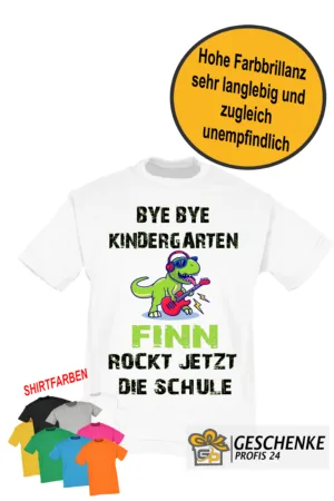 Schulkind Einschulung T-Shirt mit Namen Kita Abgänger Bye Bye Kindergarten Rocke jetzt die Schule, Kinder T-Shirt | Schulanfang
