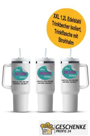 Thermobecher selbst gestalten, 1,2L Edelstahl Isoliert, Trinkflasche mit Strohhalm, Spülmaschinenfest, BPA-frei