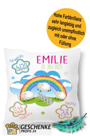 Personalisierbares Kissen zur Geburt, mit Namen und Geburtsdaten für Jungen und Mädchen mit Schafe40x40cm