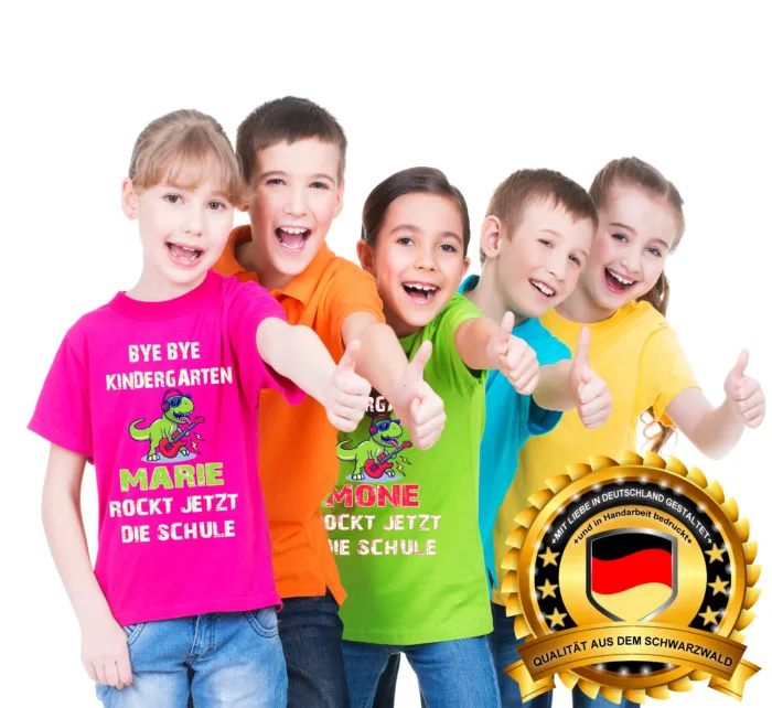 Schulkind Einschulung T-Shirt mit Namen Kita Abgänger Bye Bye Kindergarten Rocke jetzt die Schule, Kinder T-Shirt | Schulanfang – Bild 4