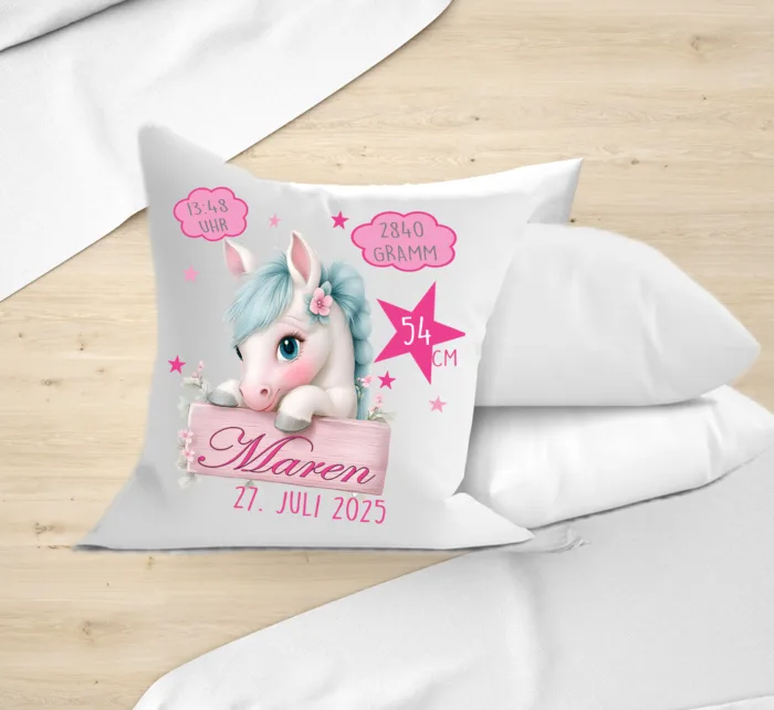 Personalisierbares Kissen zur Geburt, mit Namen und Geburtsdaten für Jungen und Mädchen mit Pferd 40x40cm – Bild 2