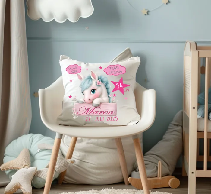 Personalisierbares Kissen zur Geburt, mit Namen und Geburtsdaten für Jungen und Mädchen mit Pferd 40x40cm – Bild 6