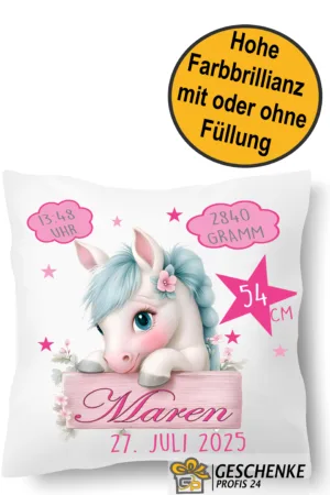 Personalisierbares Kissen zur Geburt, mit Namen und Geburtsdaten für Jungen und Mädchen mit Pferd 40x40cm