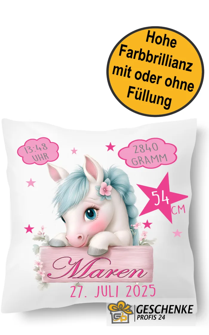Personalisierbares Kissen zur Geburt, mit Namen und Geburtsdaten für Jungen und Mädchen mit Pferd 40x40cm