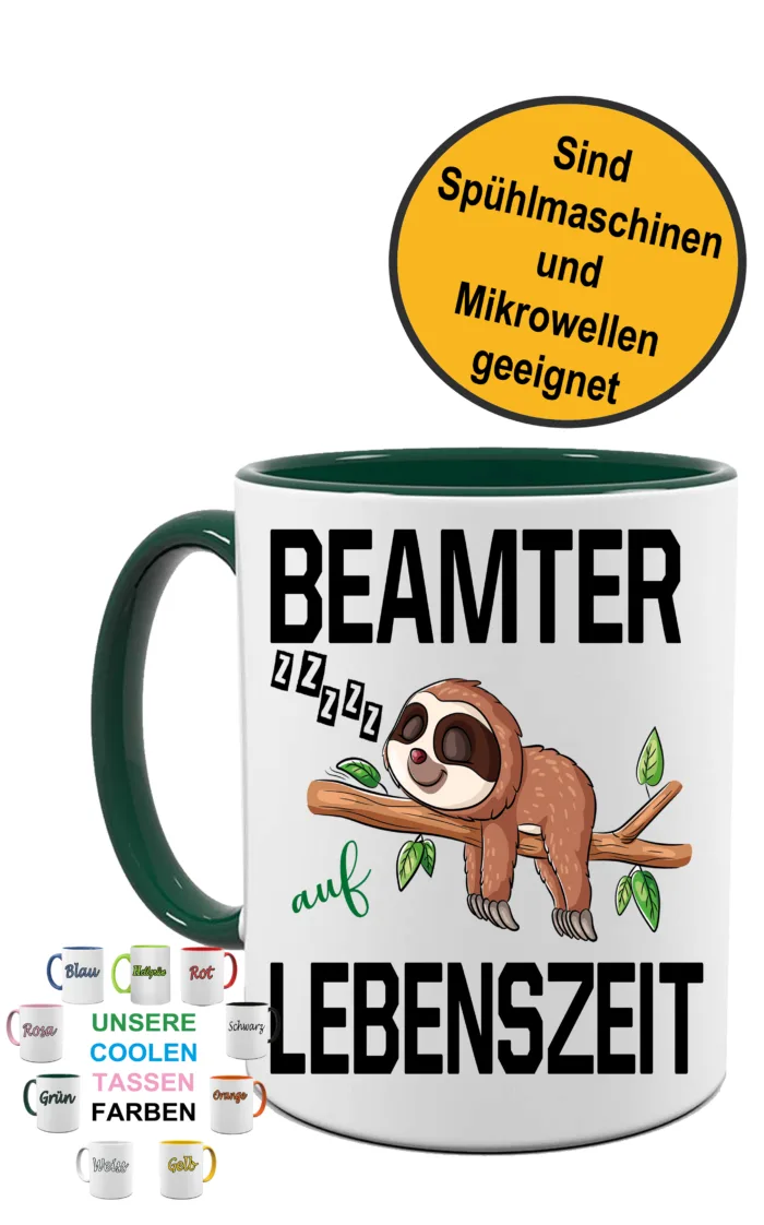 Lustig bedruckte Tasse Beamter auf Lebenszeit Faultier | Geschenk Idee| Kaffee Tee Bürotasse | Fototasse, Motivtasse | Kaffeetasse, Teetasse |Keramik