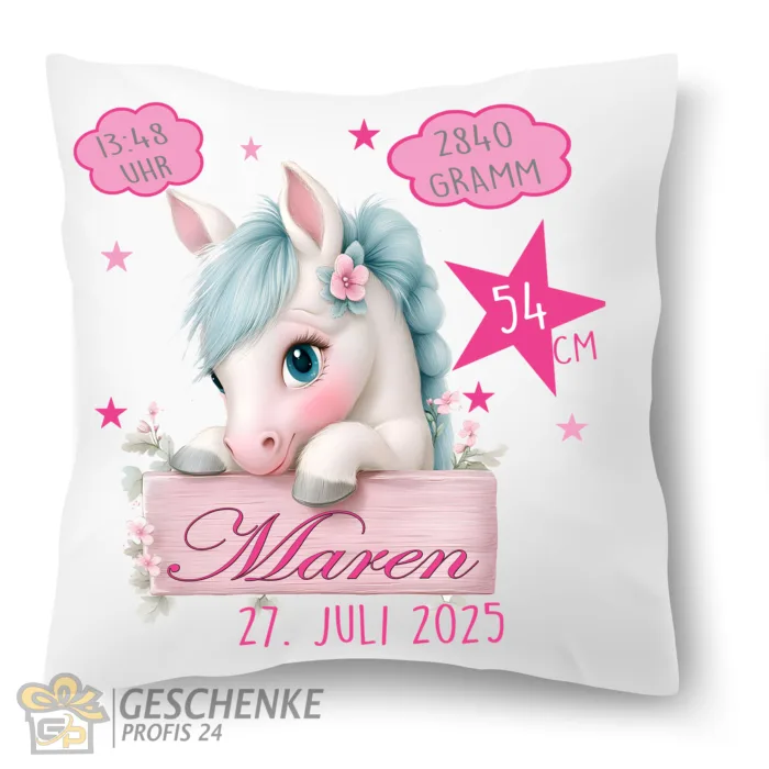 Personalisierbares Kissen zur Geburt, mit Namen und Geburtsdaten für Jungen und Mädchen mit Pferd 40x40cm – Bild 7