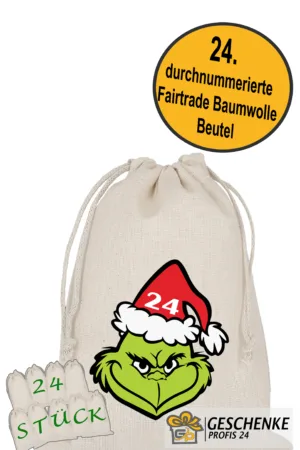 Grinch Gesicht- Adventskalender 24 Stoffbeutel zum Befüllen