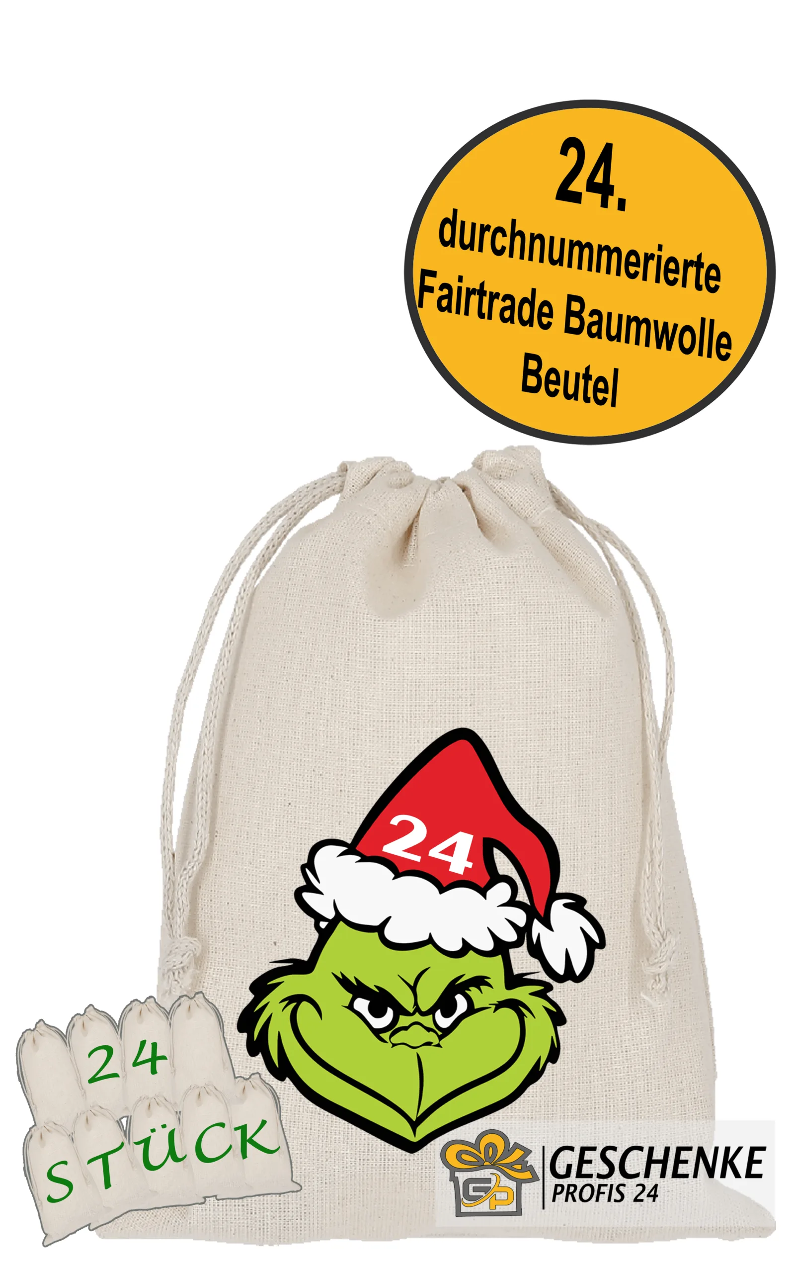 Grinch Gesicht- Adventskalender 24 Stoffbeutel zum Befüllen