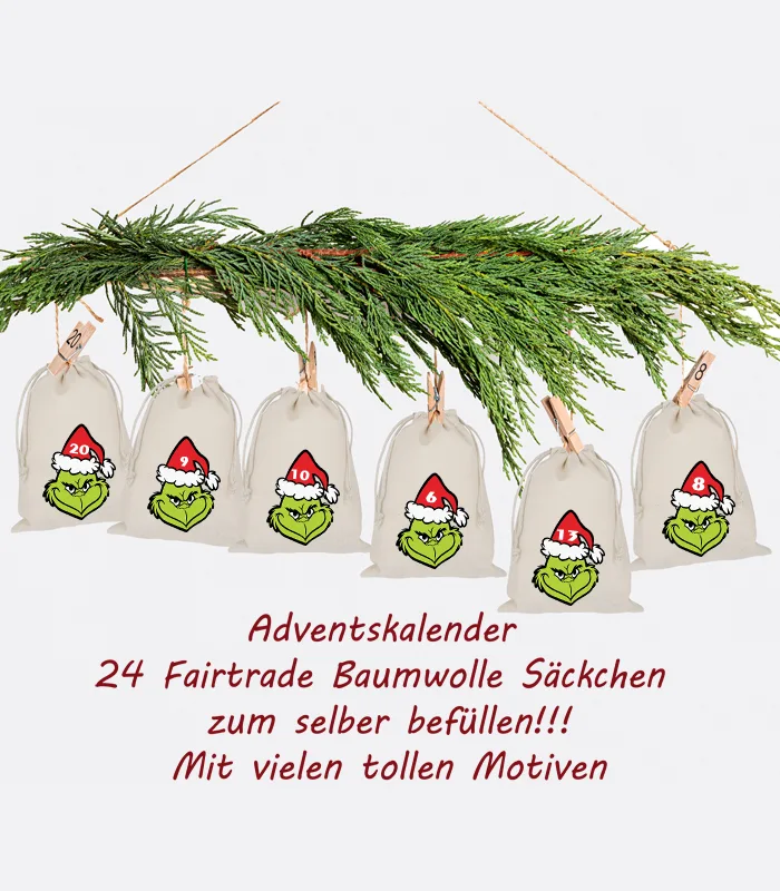 Grinch Gesicht- Adventskalender 24 Stoffbeutel zum Befüllen – Bild 2