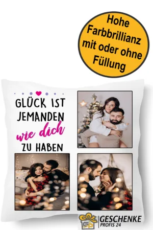 Kissen mit der Aufschrift 'GLÜCK IST JEMANDEN wie dich ZU HABEN' und drei Fotos von Menschen in gemütlicher Atmosphäre