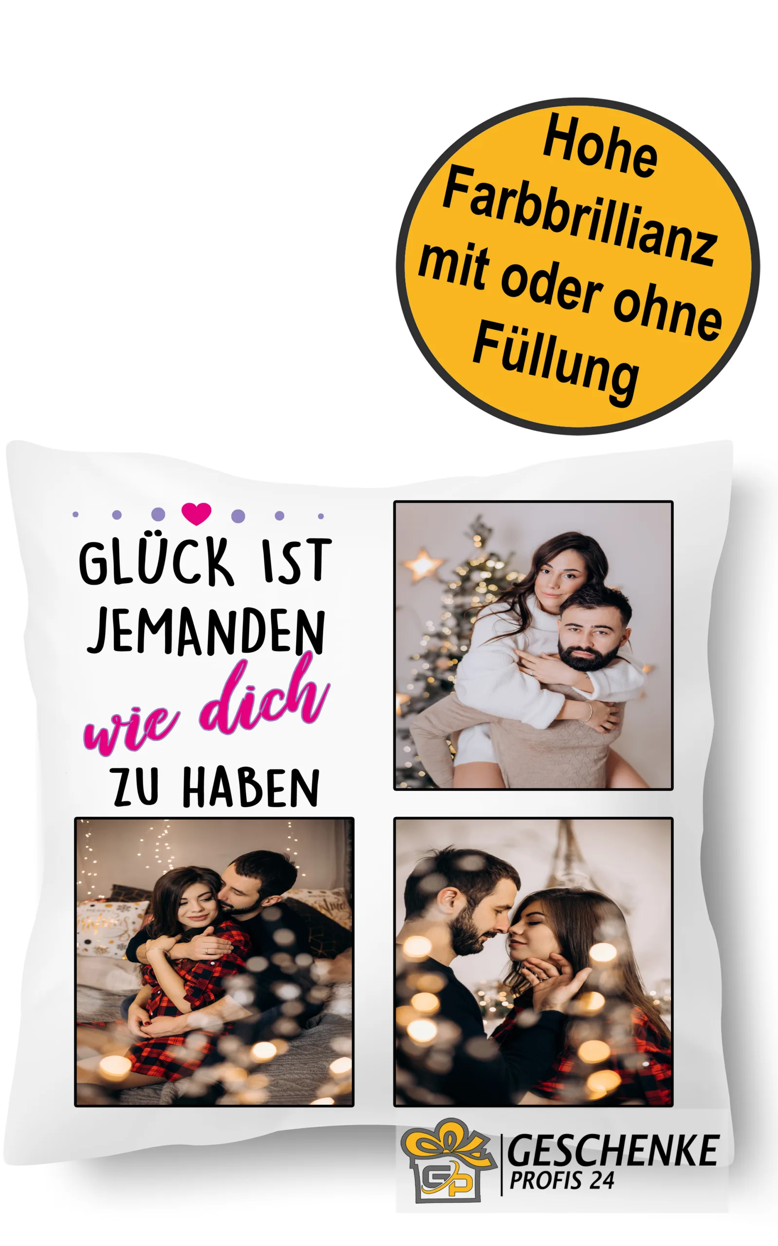 Kissen mit der Aufschrift 'GLÜCK IST JEMANDEN wie dich ZU HABEN' und drei Fotos von Menschen in gemütlicher Atmosphäre