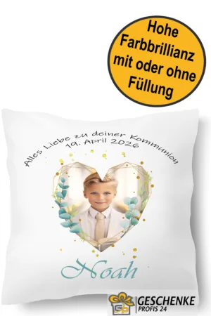 Alles Liebe zu deiner Kommunion Kissen mit Namen, Datum und eignem Bild personalisiert
