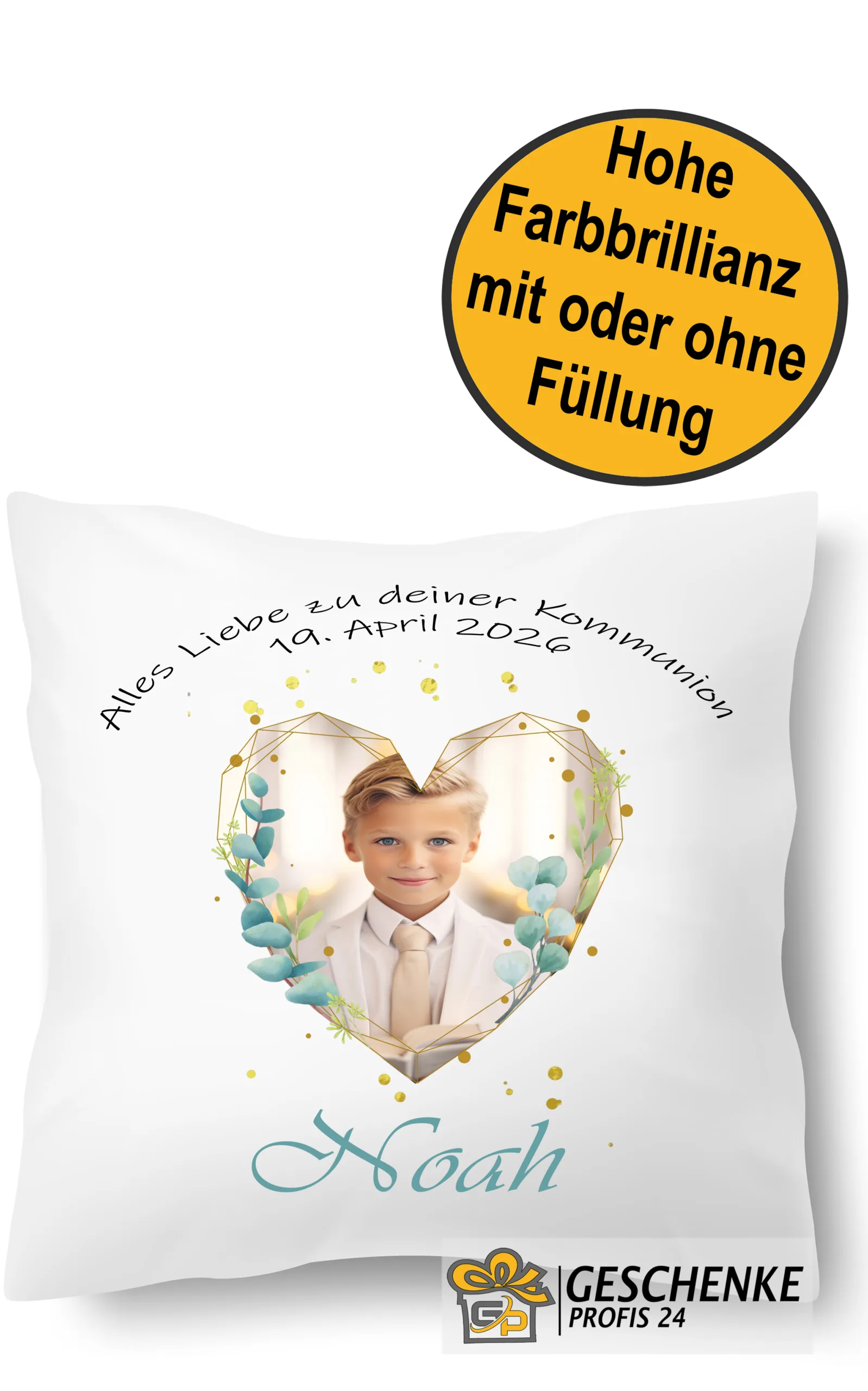 Alles Liebe zu deiner Kommunion Kissen mit Namen, Datum und eignem Bild personalisiert