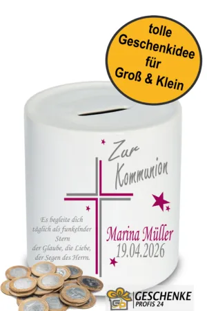 Spardose personalisiert Zur Kommunion mit Namen und Spruch, Geschenk Idee, Sparschwein