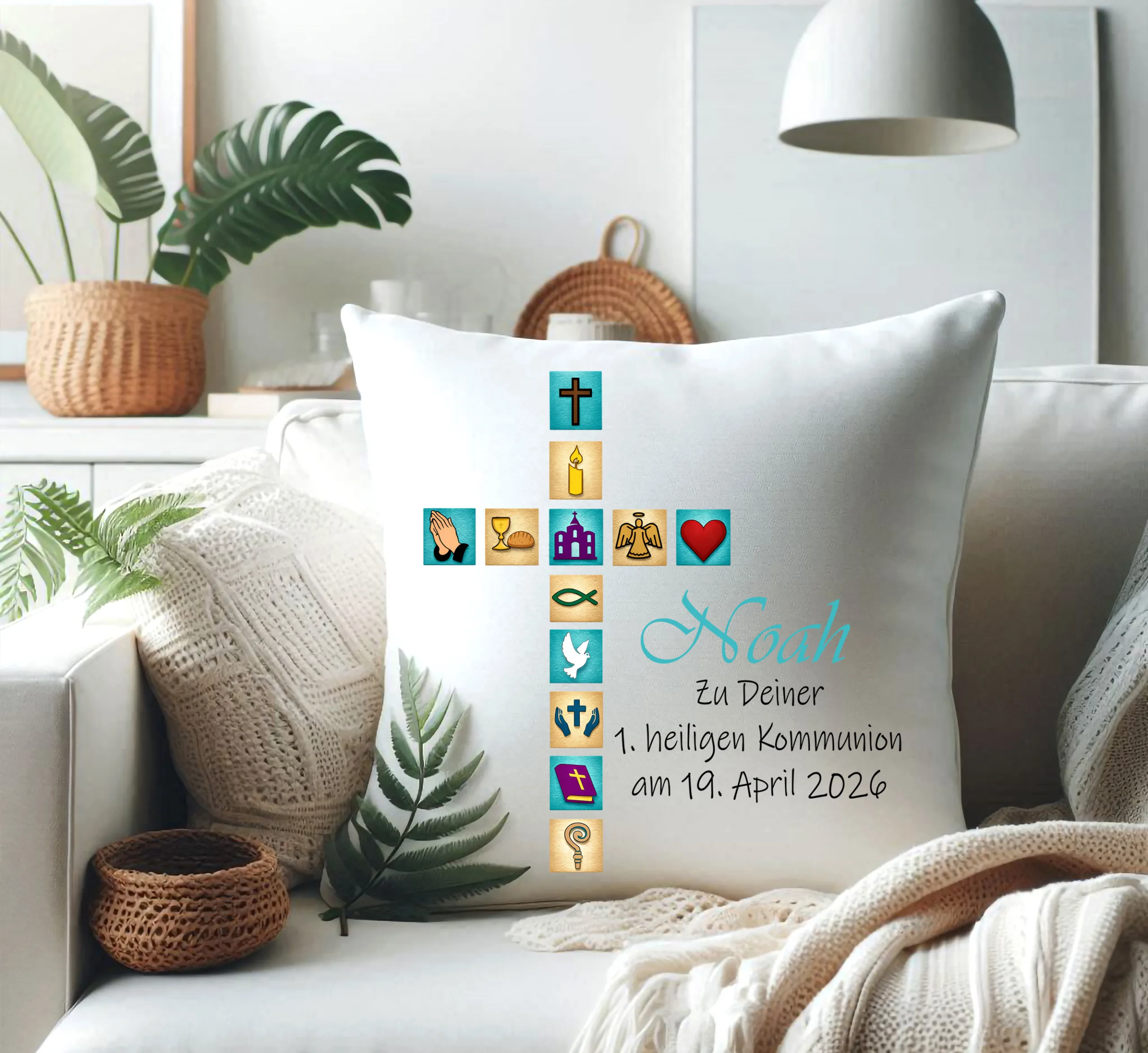 Personalisiertes Kommunion Kissen Kirchen Symbole Türkis mit Namen und Datum – Bild 3